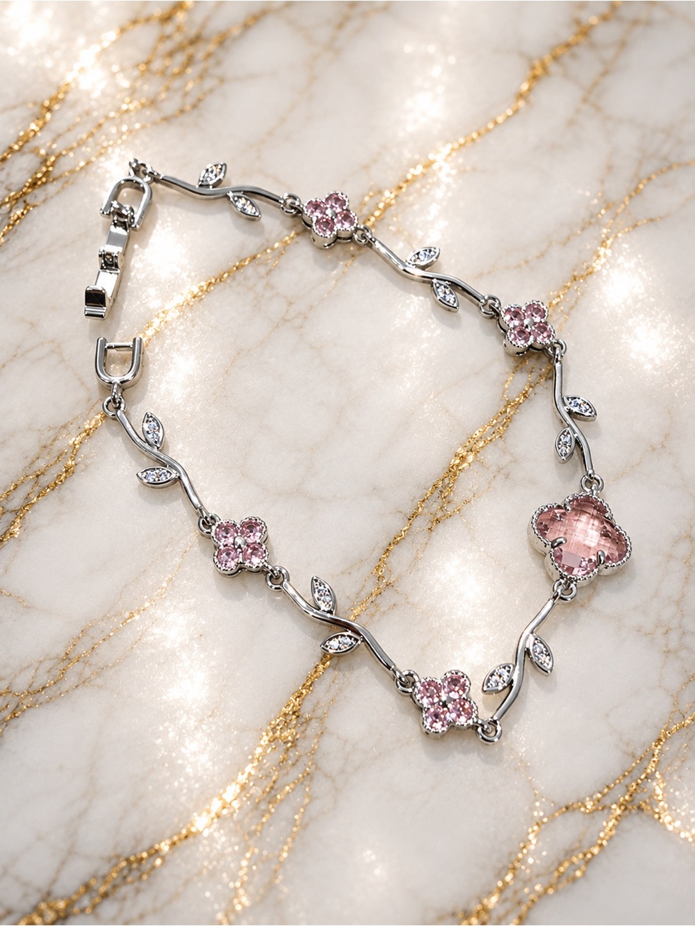 Pink Crystal Bracelet Set - Clover Gem and Flowers Vine & Tennis Bracelets - Picture 2 of 5